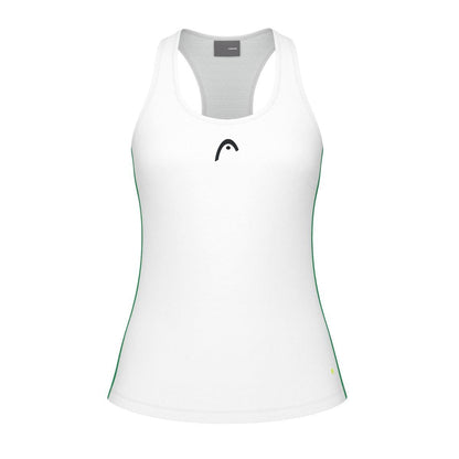 The HEAD Spirit Women's Badminton Tank Top by HEAD is made from moisture transfer microfibre. This white sleeveless design includes green piping on the sides, a small black logo at the center, and a racerback style to allow for optimal movement.