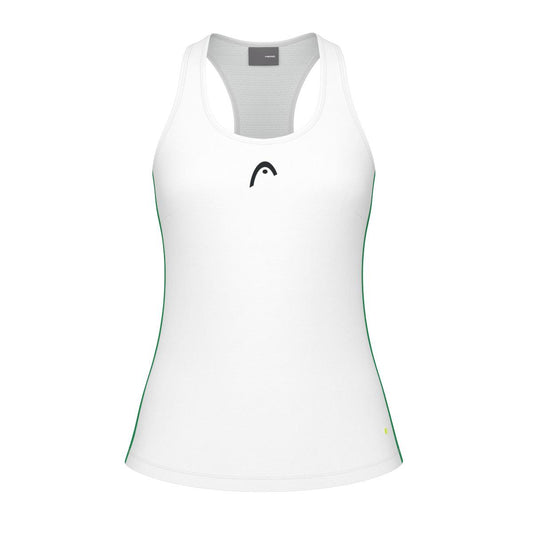 The HEAD Spirit Women's Badminton Tank Top by HEAD is made from moisture transfer microfibre. This white sleeveless design includes green piping on the sides, a small black logo at the center, and a racerback style to allow for optimal movement.