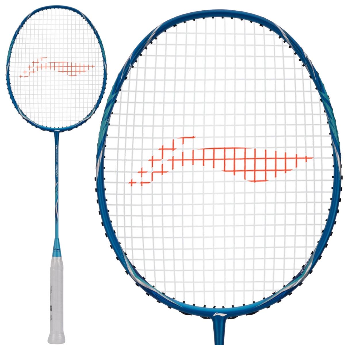 The Li-Ning BladeX Sonar 3U Badminton Racket in blue, designed for intermediate players, showcases a white handle and a red string pattern. It includes a shock absorption system that enhances comfort during play. The full view of the racket is on the left, while a close-up of the head appears on the right against a white background.