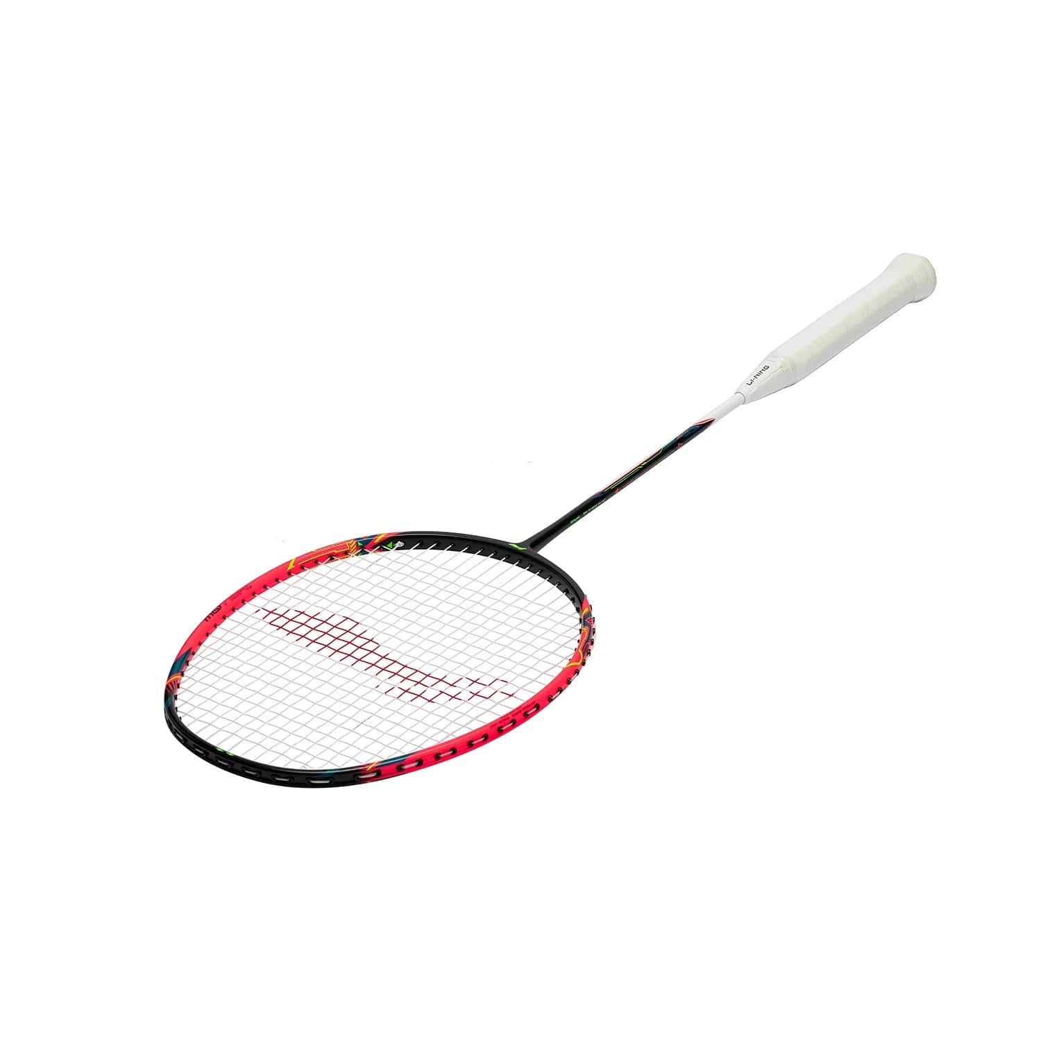 A lightweight and balanced Li-Ning Halbertec Motor 5U badminton racket featuring a pink frame, white strings, and a white grip, isolated on a plain white background. Ideal for precision play, the design is inspired by the acclaimed Li-Ning Halbertec Motor series.