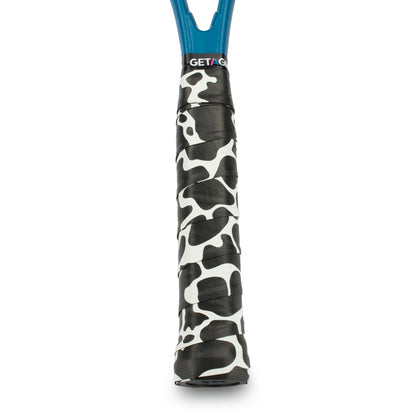 Introducing the Get A Grip Cow-A-Bunga Badminton Overgrip in White and Black, featuring blue handles and crafted from premium materials to ensure a non-slip grip for optimal control.