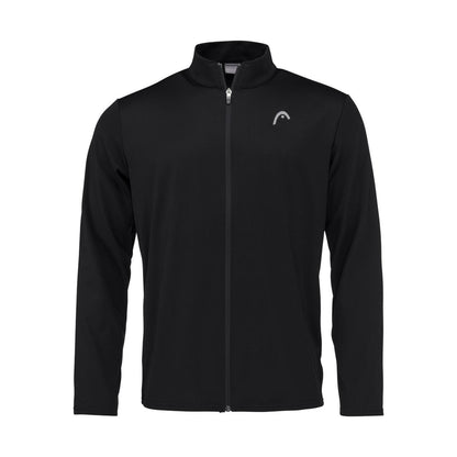 The HEAD Club Men's Easy Court Tracksuit in black is ideal for training with style, featuring a high collar and long sleeves. With a small white logo on the left chest area, it incorporates Moisture Transfer Microfiber technology for enhanced comfort.