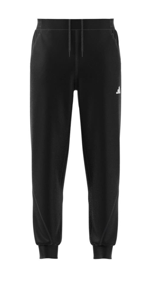 The ADIDAS Melbourne Men's Pro Badminton Pants in black feature a small logo on the left thigh, an elastic waistband with drawstrings, and cuffed ankles. Crafted from soft AEROREADY material, these pants are ideal for both casual and athletic wear.