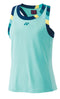 The Yonex 20753EX Women's Badminton Tank Top in cyan showcases a sleeveless design highlighted by blue, yellow, and green striped accents on the shoulders and neckline. A small logo adorns the chest, while UV Reduction and VeryCool technology enhance comfort.