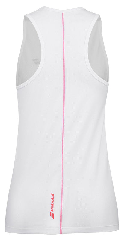 Back view of the Babolat Strike Women's Badminton Tank Top in white, showcasing a pink stripe running vertically down the center. The design includes mesh shoulders and features a pink "Babolat" logo near the bottom hem. Made from lightweight, recycled polyester for enhanced performance.