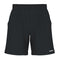 Introducing the HEAD Vision Power Men's Badminton Shorts in Black, featuring an elastic waistband and the brand name "HEAD" printed in white on the bottom right corner. These shorts are crafted with 4-way stretch fabric, include side pockets, and are designed with moisture transfer technology, all showcased against a plain background.