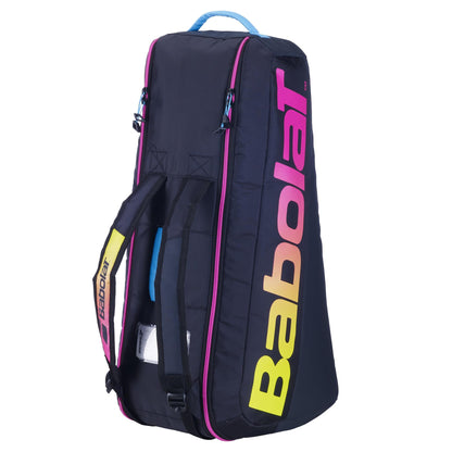 A large Babolat RH Junior Badminton Racket Bag in black with purple and yellow accents, featuring the bold Babolat logo. Designed for junior players, this bag offers multiple compartments and includes two shoulder straps for convenient carrying.