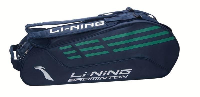 The Li-Ning Thunder 6 Racket Badminton Bag in Petrol Blue showcases green stripes and company branding. It includes multiple compartments, a dedicated racket section, and cushioned double backpack straps for added comfort, making it ideal for easily storing rackets and other equipment.