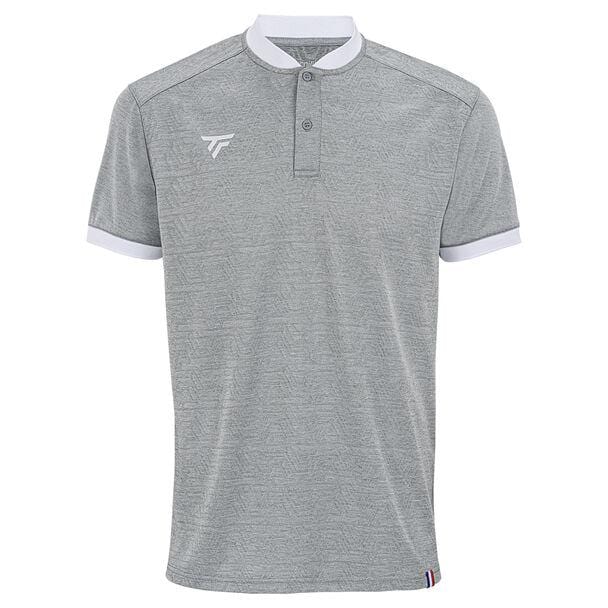 The Tecnifibre Men's Team Badminton Mesh Polo Shirt in Silver provides superior breathability, featuring a classic white collar and sleeve cuffs. It is adorned with a subtle logo on the left chest and a small tricolor tag at the hem, crafted from high-quality polyester mesh for enhanced comfort.