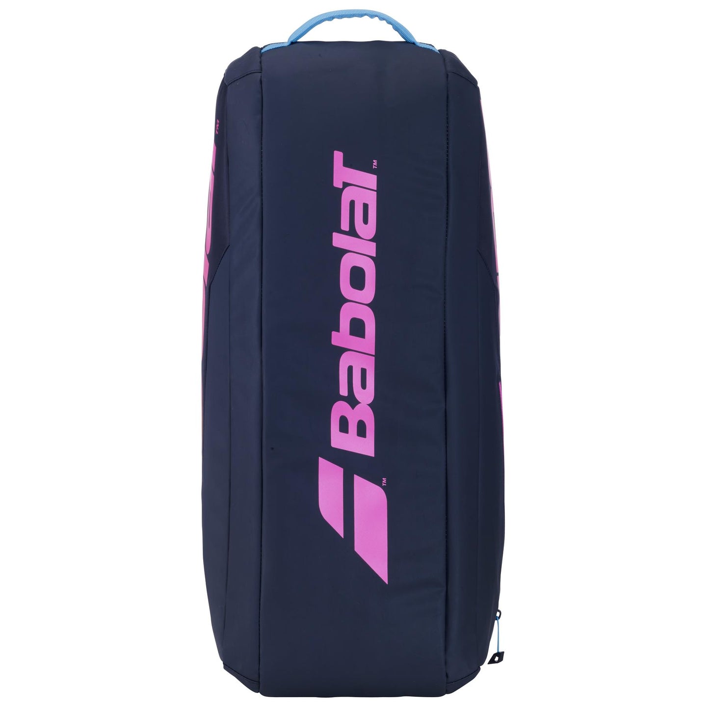 A black Babolat RH Junior Badminton Racket Bag with purple and yellow details, designed for junior players. It includes a top handle for easy carrying.