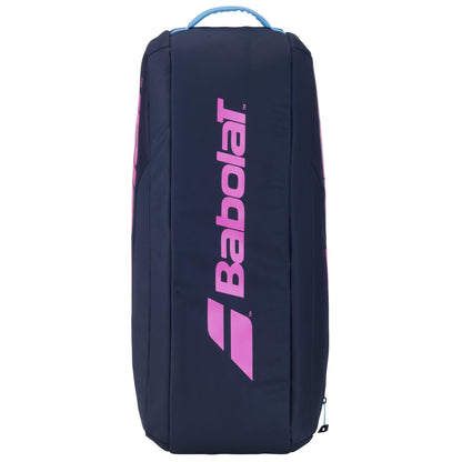 A black Babolat RH Junior Badminton Racket Bag with purple and yellow details, designed for junior players. It includes a top handle for easy carrying.