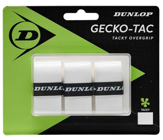 The packaging for the Dunlop Gecko-Tac Badminton Overgrip - 3 Pack - White is predominantly green and black, displaying three white rolls that offer enhanced control through a transparent plastic window. The design prominently features the Dunlop logo and emphasizes its tacky surface technology.