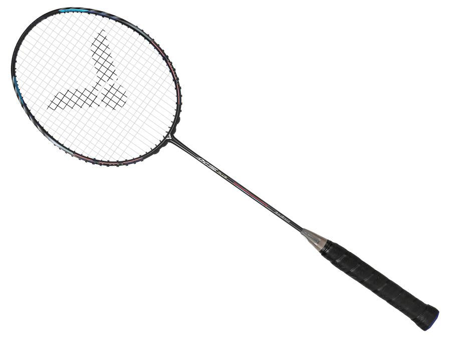 The Victor Auraspeed HS Plus 4U Badminton Racket - Black stands out with its black handle and circular head, adorned with an elegant logo design on the strings. Equipped with advanced anti-torsion system technology, it offers superior stability and control for a remarkable playing experience.