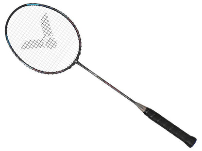 The Victor Auraspeed HS Plus 4U Badminton Racket - Black stands out with its black handle and circular head, adorned with an elegant logo design on the strings. Equipped with advanced anti-torsion system technology, it offers superior stability and control for a remarkable playing experience.