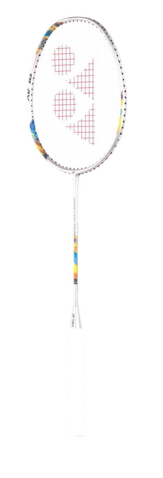 The Yonex Nanoflare 700 Play 4U badminton racket, featuring a silver frame with sky blue highlights and wrapped in white tape, is ideal for beginner players. Photographed against a plain white background, it demonstrates its sleek design and stylish aesthetic.