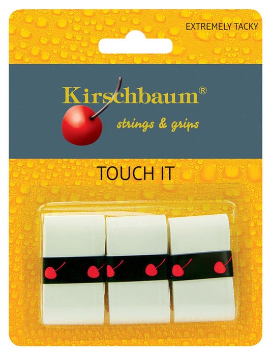 A product image of the Kirschbaum Touch It Badminton Overgrip 3 Pack displays three durable white overgrips, each with small red cherry logos. The packaging is labeled "TOUCH IT," and features a textured background with water droplets, emphasizing its "EXTREMELY TACKY" texture and superior absorption capabilities.