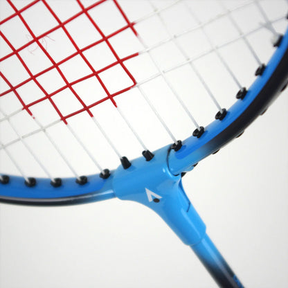 A close-up of a blue racket with an isometric head, featuring red and white strings, set against a plain white background. Ideal for beginners seeking a reliable badminton racket, the design resembles the Karakal CB-3 2.1 Badminton Racket in black and blue, offering ease and control for new players.