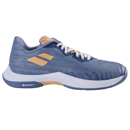 The Babolat Shadow Spirit 2 Women's Badminton Shoes in Grey and Coral feature a lightweight design with a textured upper, coral logo detailing on the side, and visible branding on the durable sole. With a lace-up closure, these shoes ensure both comfort and style on the court.