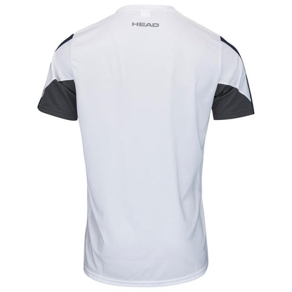 Here's a rephrased version of the sentence using the provided product data:

The HEAD Club 22 Mens Tech Badminton T-Shirt in White/Dark Blue showcases a back view with dark blue accents on the shoulders and sides. The brand name "HEAD" is prominently printed on the upper back. This athletic shirt features short sleeves, a relaxed fit, and advanced moisture-wicking technology to ensure optimal comfort during play.