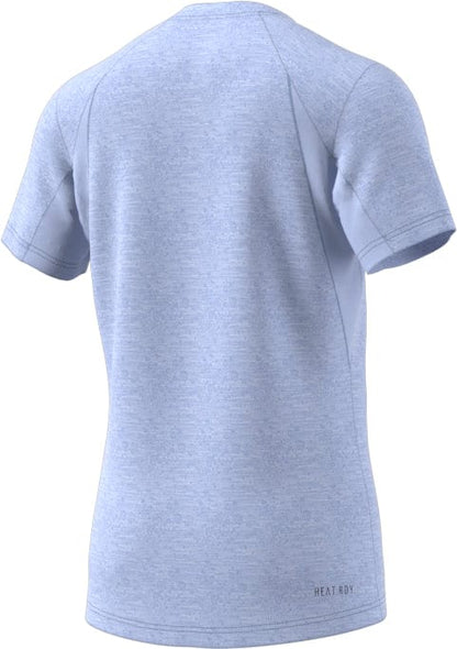 A light gray, short-sleeve athletic shirt from adidas is displayed from the back. The fabric showcases a subtle heather pattern and features the small text "HEAT.RDY" near the lower hem on the left side. Perfect for badminton players, this shirt incorporates adidas' Mens Freelift design and AEROREADY technology to enhance comfort. Note: Actual product color is Blue Dawn.