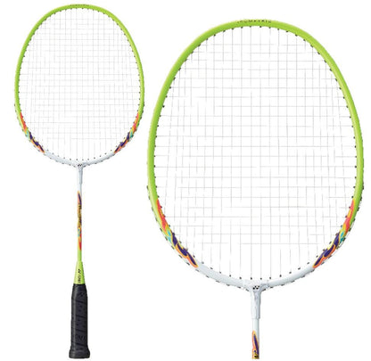 Displayed are two Yonex Muscle Power 2 Junior Badminton Rackets featuring isometric head shapes. They boast white frames accented with yellow and sport black grips. Their shafts are adorned with colorful designs, and the strings, enhanced by Muscle Power 2 technology, are tightly woven in a standard pattern.