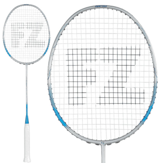 The FZ Forza Pure Light 3 Badminton Racket by FZ Forza showcases a silver design with a slim shaft crafted from ultra-high modulus graphite. Its strings feature a prominent "FZ" logo against a pristine white background.