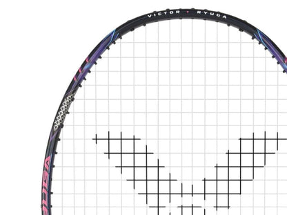 Close-up of the Victor Thruster Ryuga II Pro 4U Badminton Racket in Mazarine Blue, focusing on its top frame and strings, which form a large "V" pattern enhanced by Hard Cored Technology for superior performance.