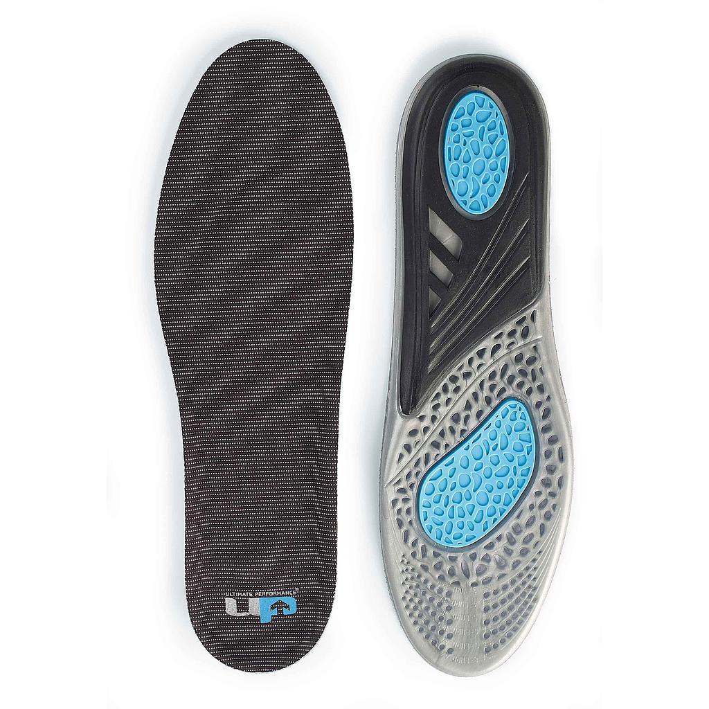 The image showcases a pair of Ultimate Performance Gel Insoles by Ultimate Performance. The left insole displays a textured black surface with a slip-resistant design, while the right reveals a gray underside enhanced with blue cushioned sections and gel insole technology to provide superior comfort and shock impact support.