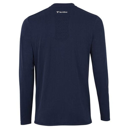 The Tecnifibre Men's Badminton Seamless Baselayer in marine is displayed from the back, showcasing a minimalist design with a small white "Tecnifibre" logo near the top center. Perfect for cold weather and sports training, it offers both comfort and performance.