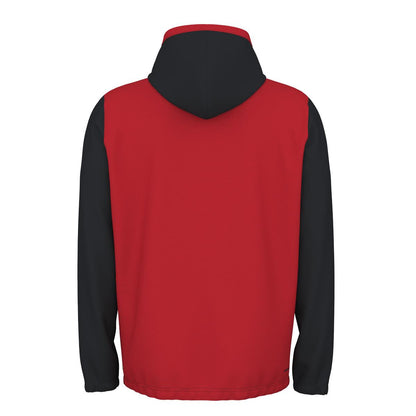 Here is a view of the back of the HEAD Vision Topspin Men's Badminton Hoodie - BKXV, featuring a stylish two-tone design with a red torso and black sleeves and hood. Crafted from Moisture Transfer Microfibre, this hoodie provides comfort and performance without any logos for a clean look.