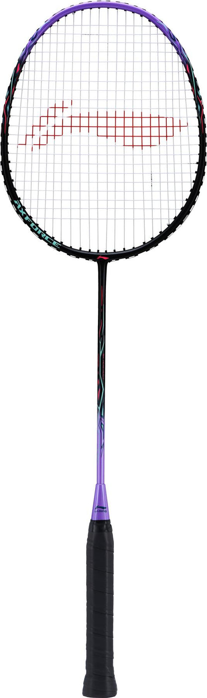 Check out the Li-Ning Axforce 9 Badminton Racket in Black and Purple, a mid-range offering from Li-Ning. It features a sleek handle in purple and black, complemented by a vibrant red and white string pattern that stands out against a pristine white background.