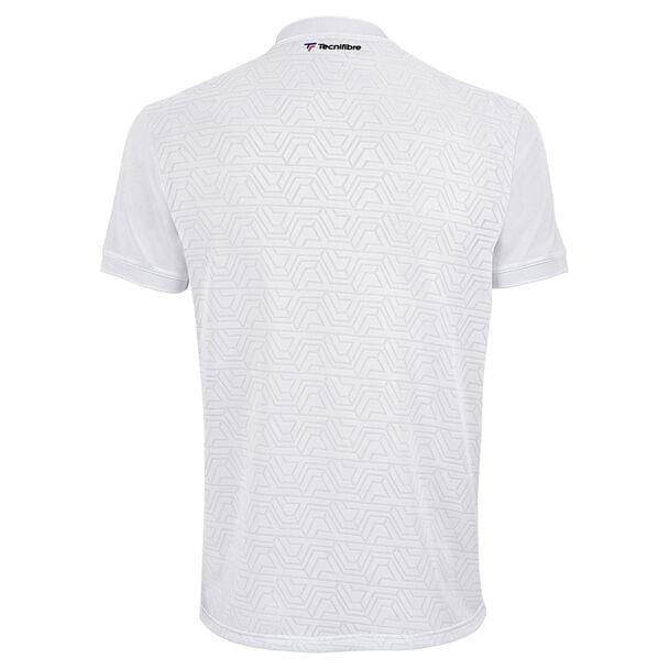 The Tecnifibre Men's Team Badminton Mesh Polo Shirt in white is a short-sleeved sports shirt designed from polyester mesh for maximum breathability. It showcases a subtle geometric pattern, with the "Tecnifibre" logo modestly placed near the neckline on the back.