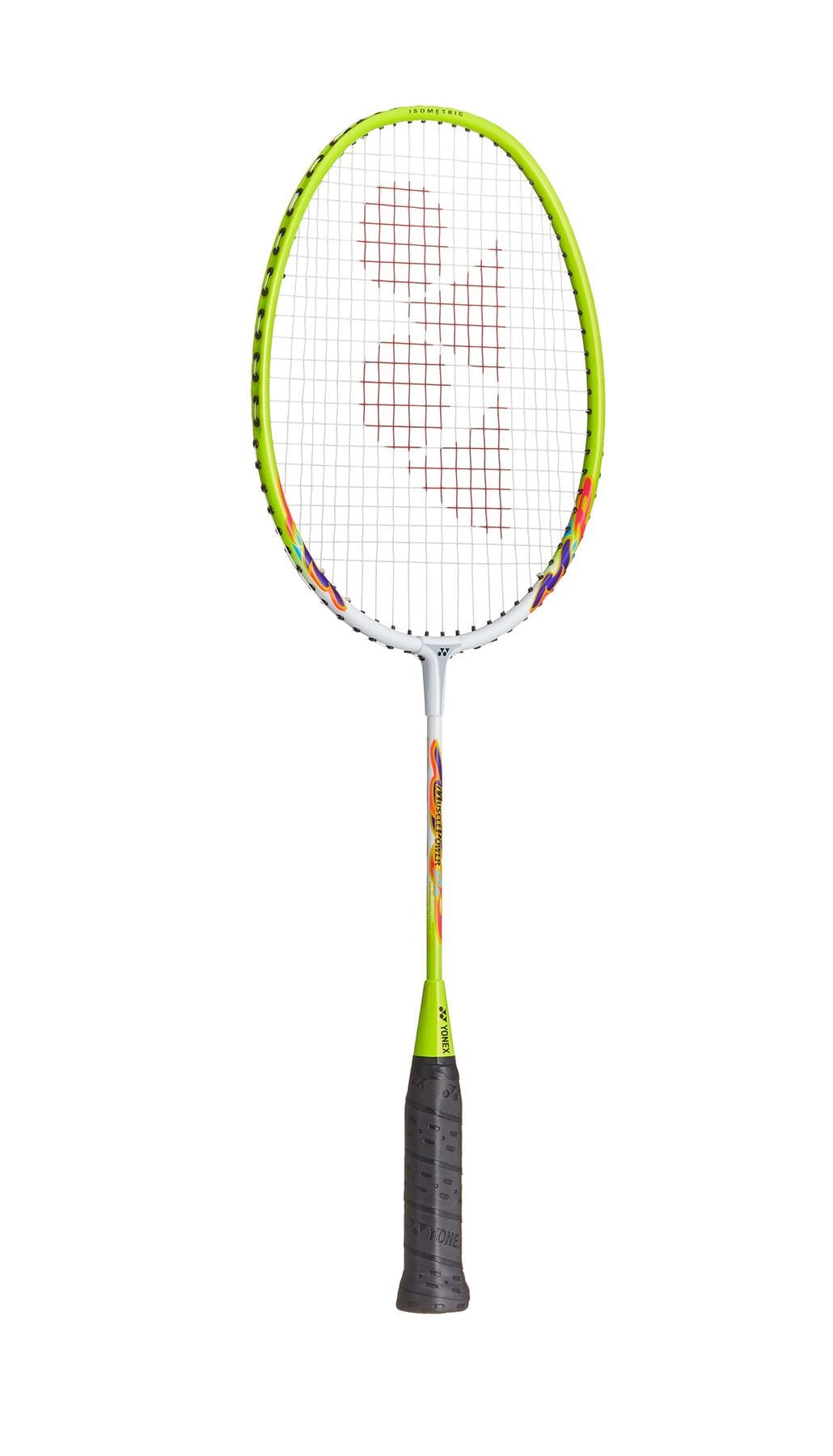 The Yonex Muscle Power 2 Junior Badminton Racket in white and yellow is showcased against a white background, featuring an isometric head shape and a black handle. The strings display a distinctive logo pattern, complemented by vibrant accents on the frame.