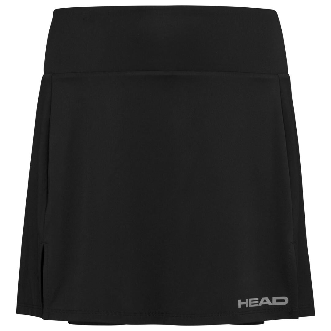 The HEAD Women's Club Basic Badminton Skort Long in black boasts a straight hemline and integrated pants, adorned with a discreet logo in the bottom right corner. Made with Moisture Transfer Microfibre Technology, it's ideal for active days.