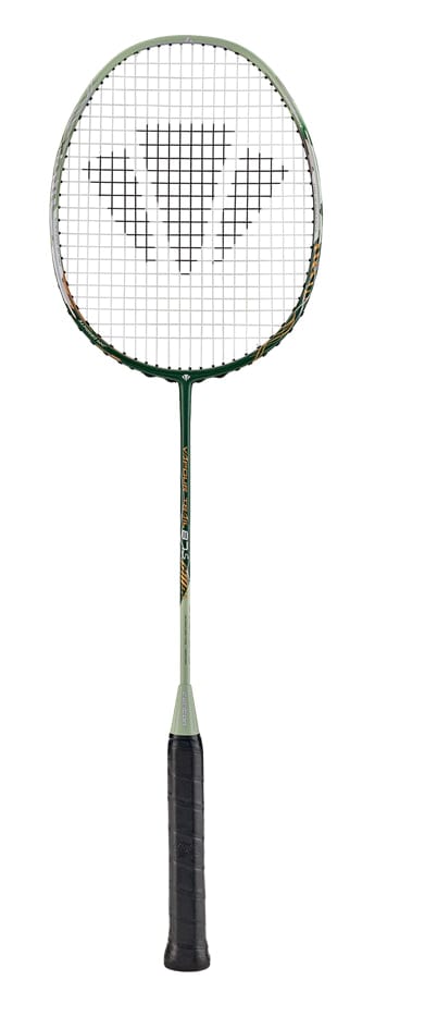 Introducing the Carlton Vapour Trail 87S Badminton Racket - Green, a cutting-edge racket designed for superior maneuverability and control. Its sleek green and black shaft is crafted from Japanese High Modulus Graphite, offering exceptional performance. The black grip and triangle-patterned strings on the head contribute to its sophisticated design.