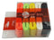 The "Li-Ning GP305 Mixed Badminton Overgrips - 5 Pack" offers a selection of five vibrant colors: red, orange, yellow, white, and black. These overgrips are expertly engineered for slip resistance and sweat absorption, with each grip neatly arranged in rows. Accompanying the set is a red and white carrying bag partially visible next to the package.