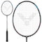 Explore the Victor Auraspeed HS Plus 4U badminton racket, equipped with WES 3.0 technology. This racket boasts a black handle and a netted head adorned with a distinctive design pattern on the strings. It is showcased from two perspectives: a complete view and a close-up highlighting its precision-engineered head for optimal performance.