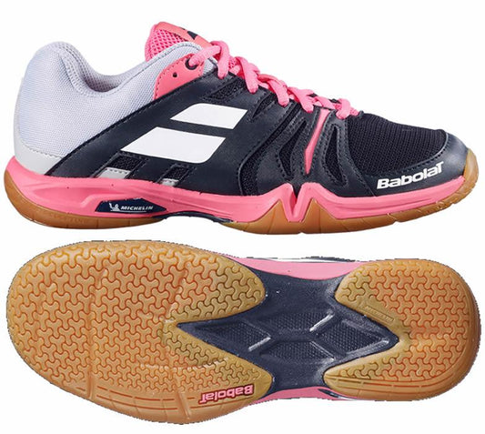 A close-up of the Babolat Shadow Team Badminton Shoes in Black and Pink, crafted especially for badminton enthusiasts.