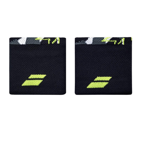 Two Babolat Logo Wristbands in grey and aero are placed next to each other, showcasing a yellow and white geometric design at the top with a yellow logo in the center. Made from high-absorption terry material, they combine functionality with style.