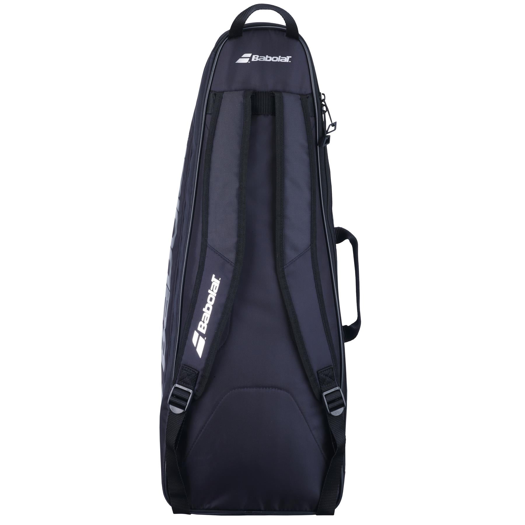 The stylish Babolat Backrack 3 Badminton Bag in black, made by Babolat, is crafted from recycled polyester and includes shoulder straps and a side handle for easy transport. Featuring a contoured design and the brand's logo prominently displayed on the straps, it is ideal for carrying both tennis or badminton equipment.