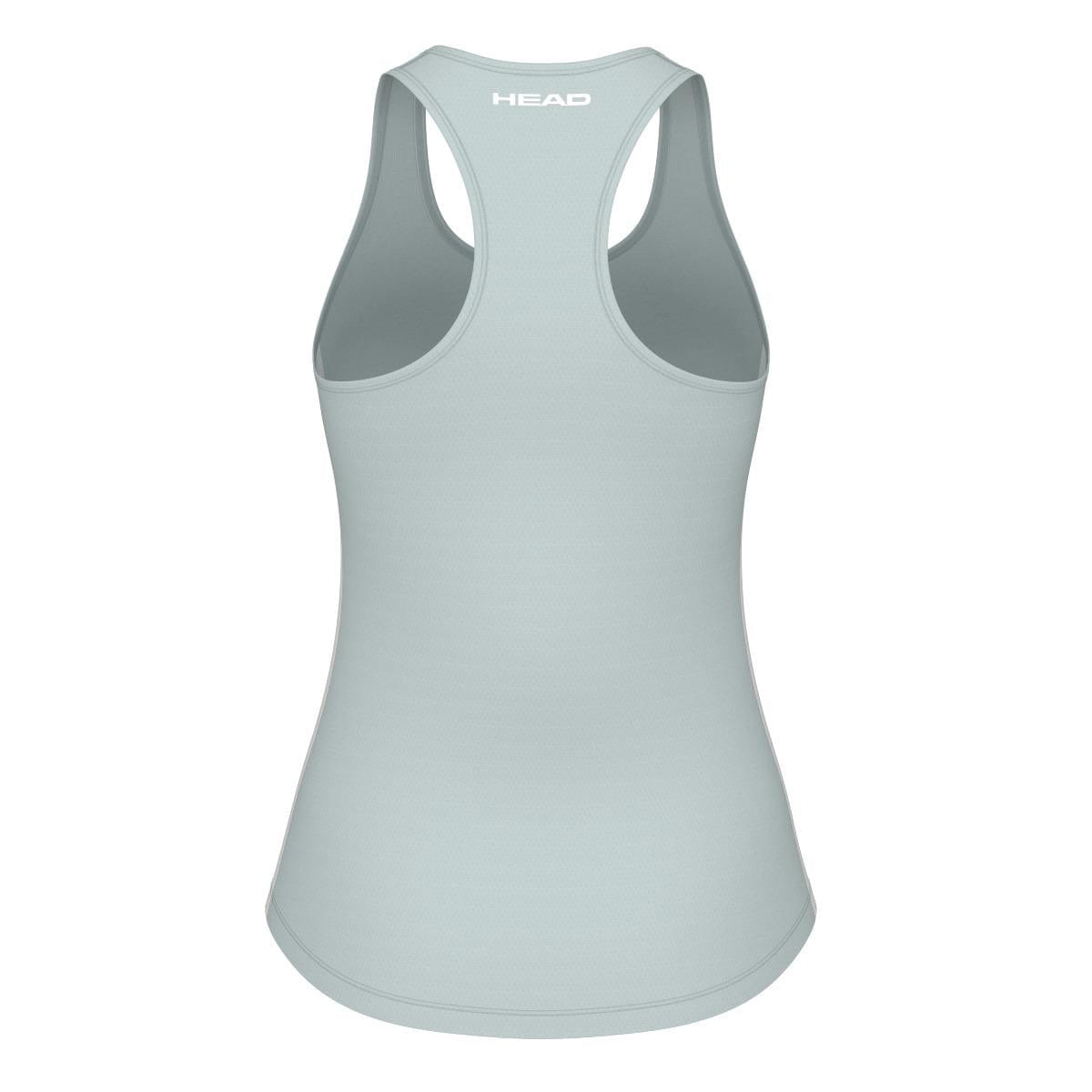 The HEAD Spirit Women's Badminton Tank Top in Infinity Blue showcases a chic racerback design and is adorned with "HEAD" at the back neckline. Enhanced by MXM technology, this sleeveless athletic top offers exceptional comfort with its moisture transfer microfiber fabric.