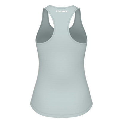 The HEAD Spirit Women's Badminton Tank Top in Infinity Blue showcases a chic racerback design and is adorned with "HEAD" at the back neckline. Enhanced by MXM technology, this sleeveless athletic top offers exceptional comfort with its moisture transfer microfiber fabric.