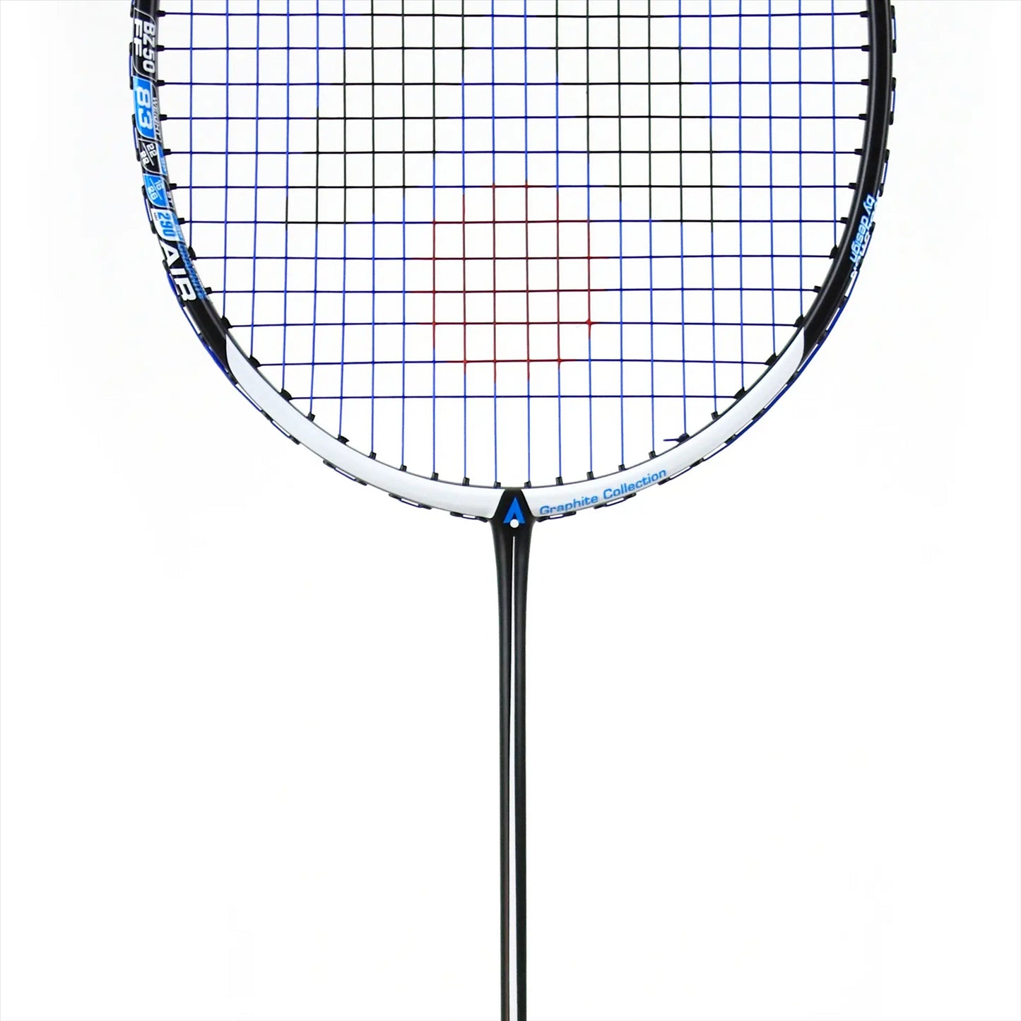 The Karakal BZ 50 2.1 Badminton Racket, known for its isometric square head design, features a black shaft that pairs elegantly with a grid of blue strings and red accents on the frame. The sleek combination of blue and black details stands out against a plain white background, emphasizing its modern aesthetic.