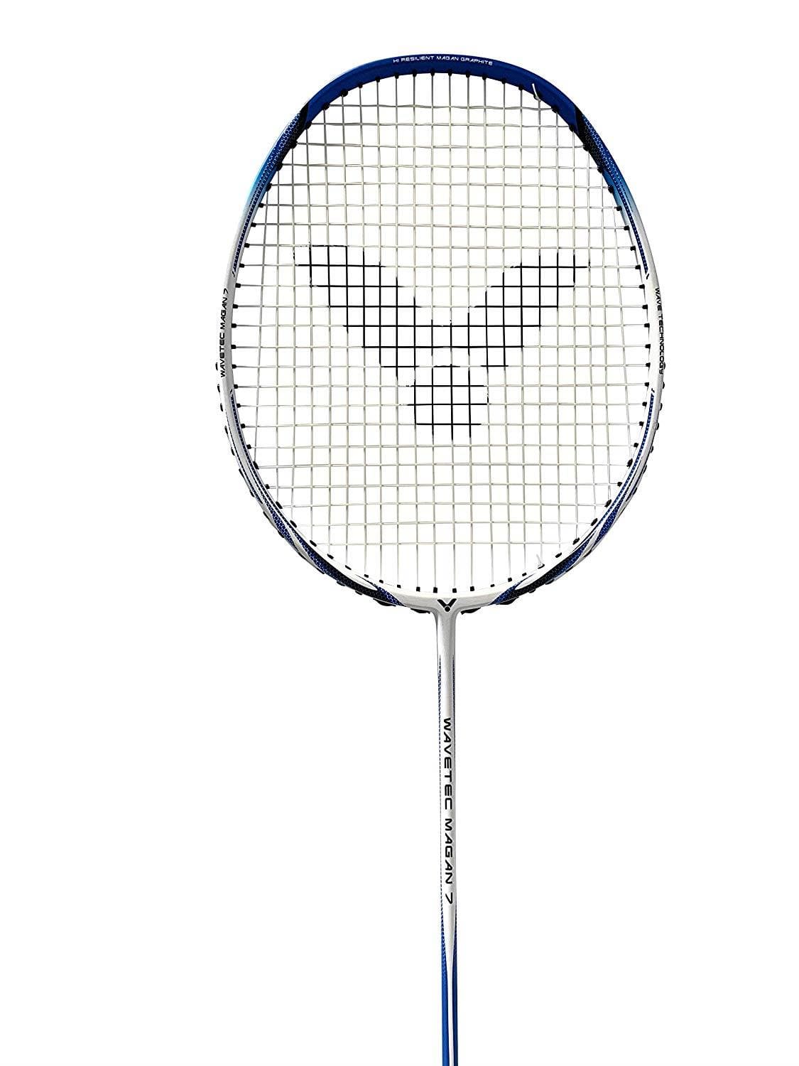 Close-up of the Victor WaveTec Magan 7 3U badminton racket by Victor, ideal for intermediate players. It features a striking blue frame with white strings adorned with a logo pattern at the center. The shaft displays a clean white color with blue accents and text printed against a plain white background.