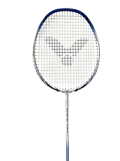 Close-up of the Victor WaveTec Magan 7 3U badminton racket by Victor, ideal for intermediate players. It features a striking blue frame with white strings adorned with a logo pattern at the center. The shaft displays a clean white color with blue accents and text printed against a plain white background.