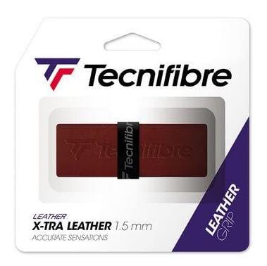 The packaging of the Tecnifibre Leather Replacement Badminton Grip - Brown displays a brown leather grip clearly visible through the plastic cover. The package is primarily white with blue and purple accents, prominently featuring the Tecnifibre logo at the top.