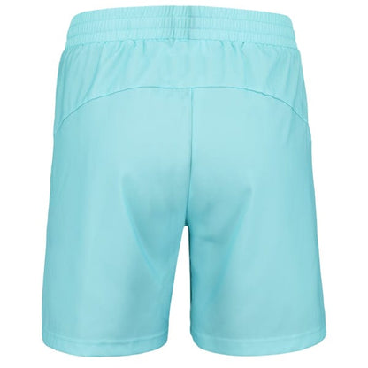 Back view of angel blue Babolat Play Men's Badminton Shorts, featuring an elastic waistband. Crafted with 360 MOTION technology and FIBERDRY fabric, these shorts are smooth and lightweight, designed for optimal comfort and movement on the court.