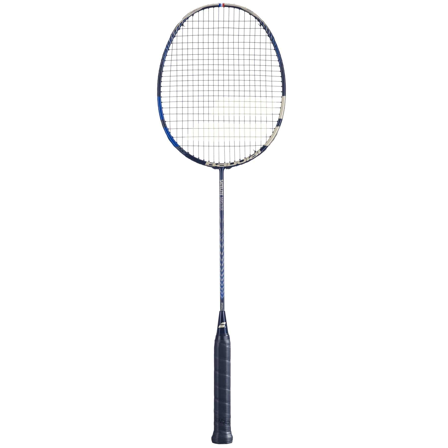 The Babolat Satelite Master Badminton Racket - Navy Blue boasts a black handle with blue and silver details on the frame. Its tight stringing enhances performance, while its sleek, modern design ensures optimal aerodynamics against a clean white backdrop.