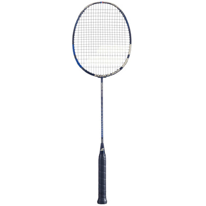 The Babolat Satelite Master Badminton Racket - Navy Blue boasts a black handle with blue and silver details on the frame. Its tight stringing enhances performance, while its sleek, modern design ensures optimal aerodynamics against a clean white backdrop.