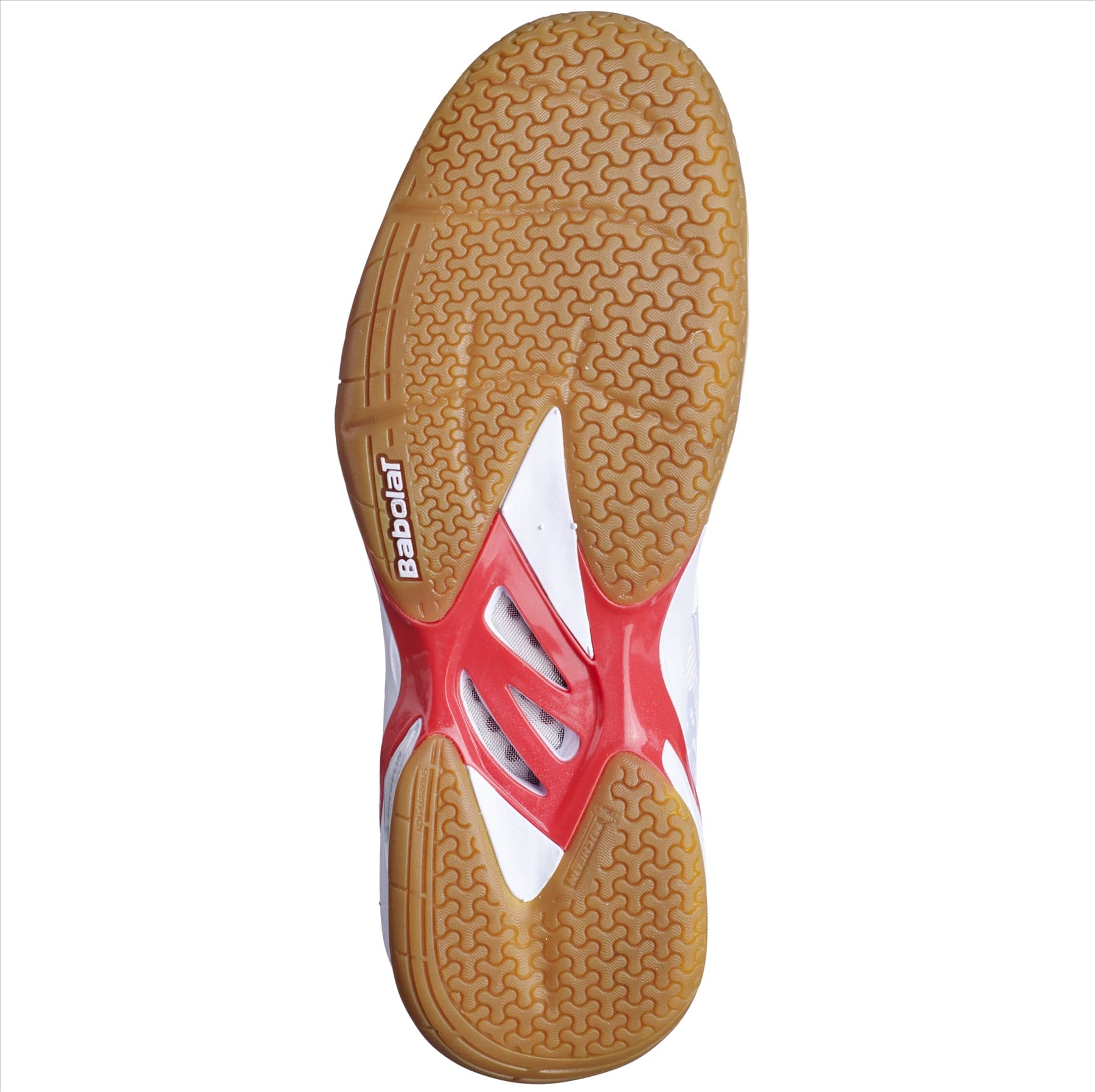 The image showcases the sole of a Babolat Shadow Spirit 2023 Women's Badminton Shoe in a white and lavender color scheme, featuring a complex light brown tread pattern. The design also incorporates heel cushioning for improved comfort, with the brand name "Babolat" clearly visible on the side.